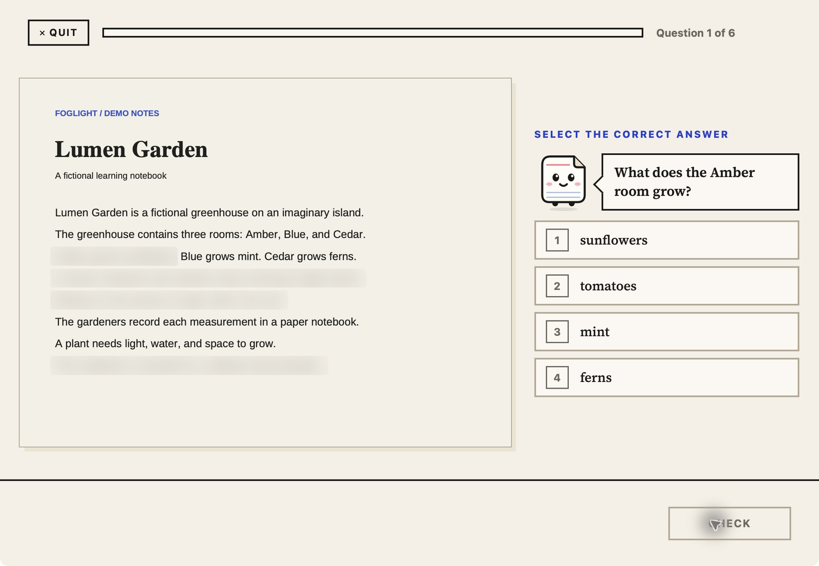 Actual Foglight quiz screen using fictional garden notes