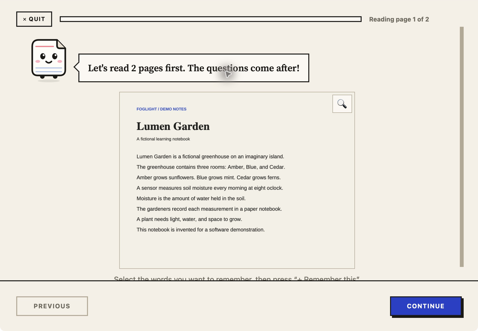 Actual Foglight reading screen with fictional Lumen Garden notes